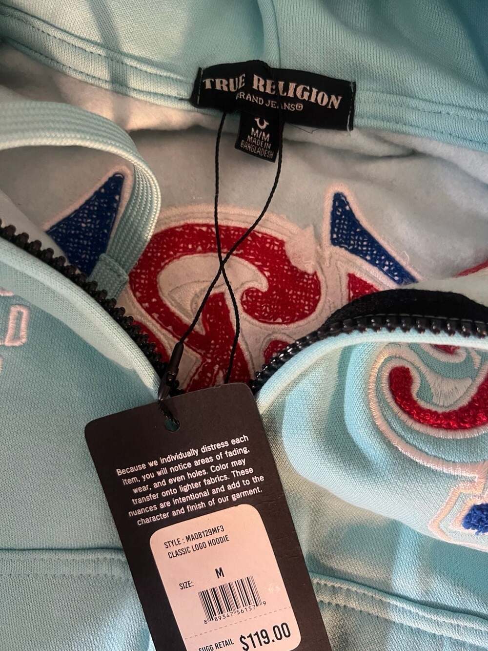 NWT True Religion Light Blue Collegiate 2002 Fleece Tracksuit Set Hoodie Medium - Picture 2 of 9